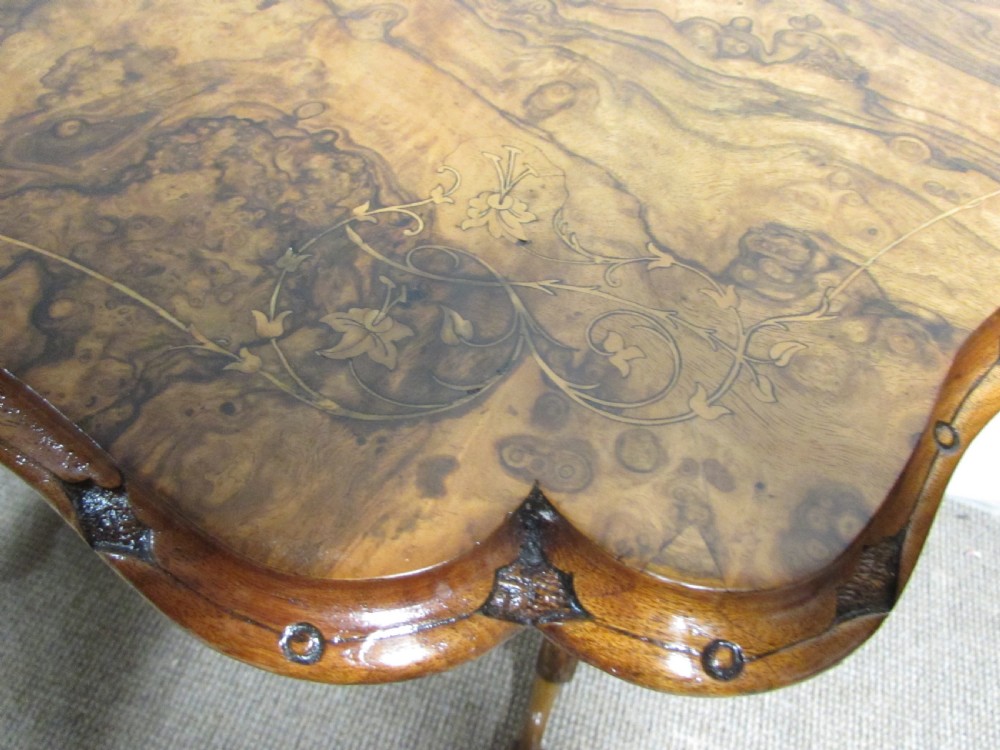 Burr Walnut Victorian Inlaid Stretcher Table View VIII