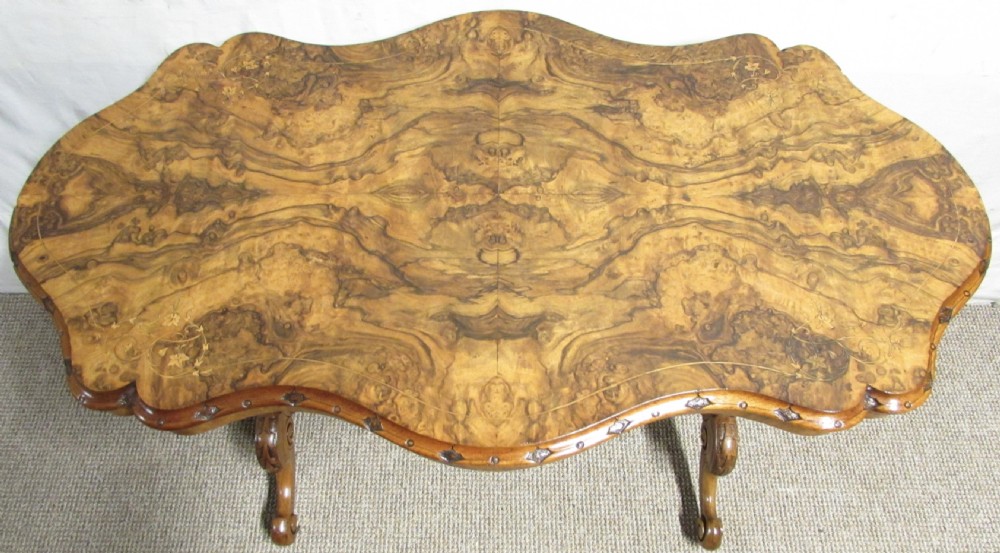 Burr Walnut Victorian Inlaid Stretcher Table View XI