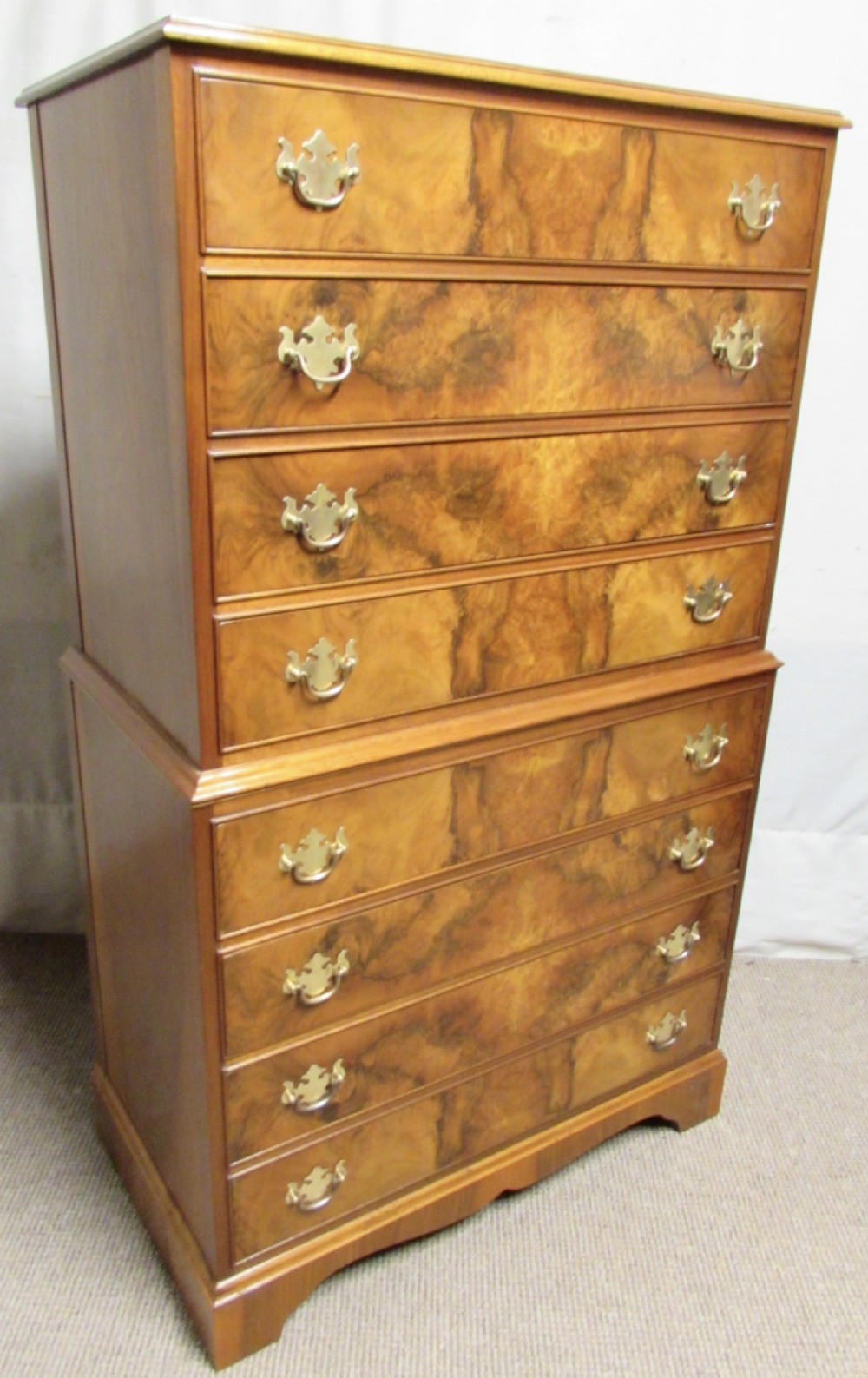 Burr Walnut Chest on Chest of Drawers