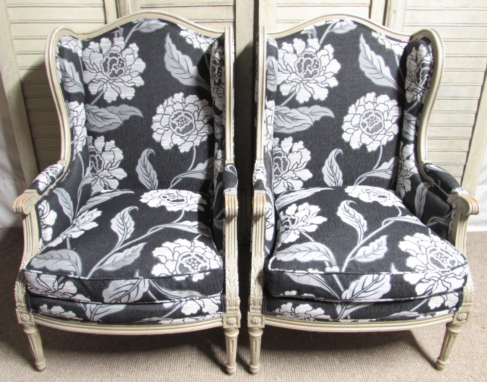 Pair French Bergere Arm Chairs Newly Upholstered 