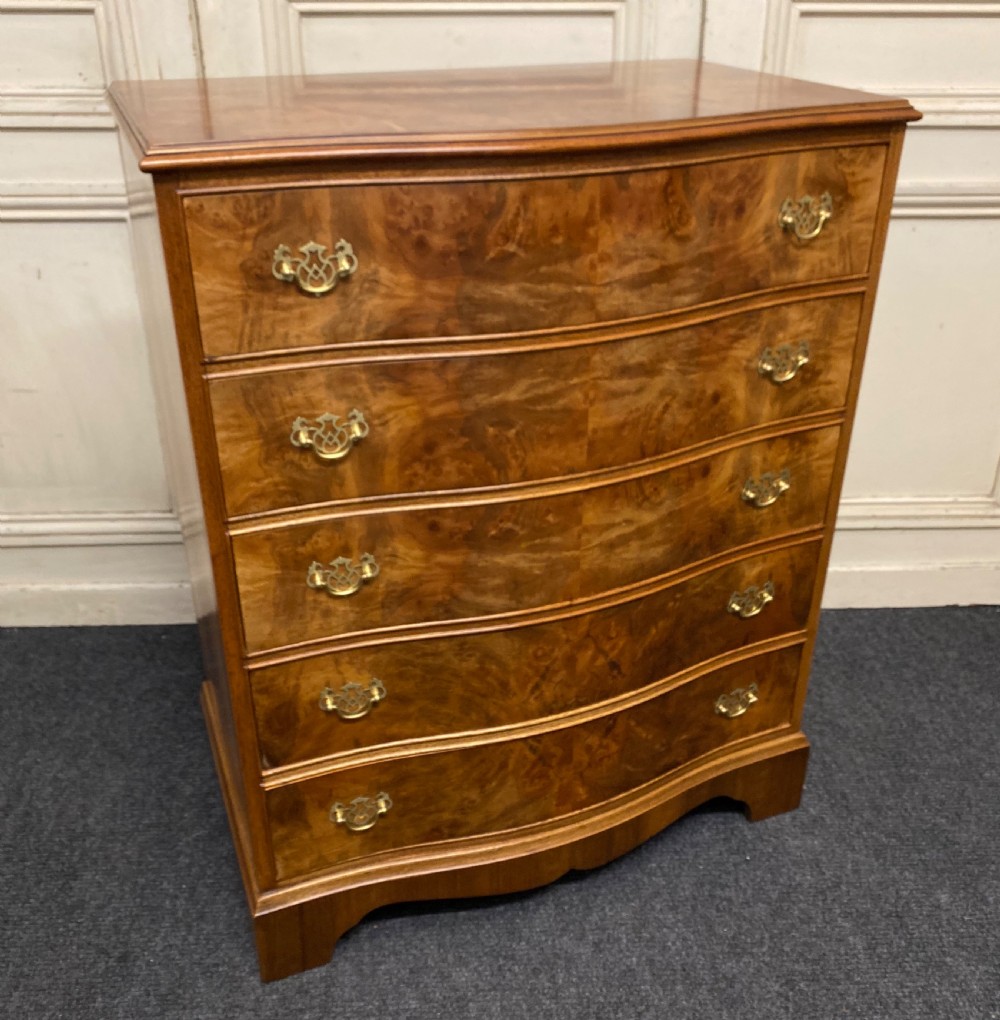Burr Walnut Bow Front Chest of Drawers View III