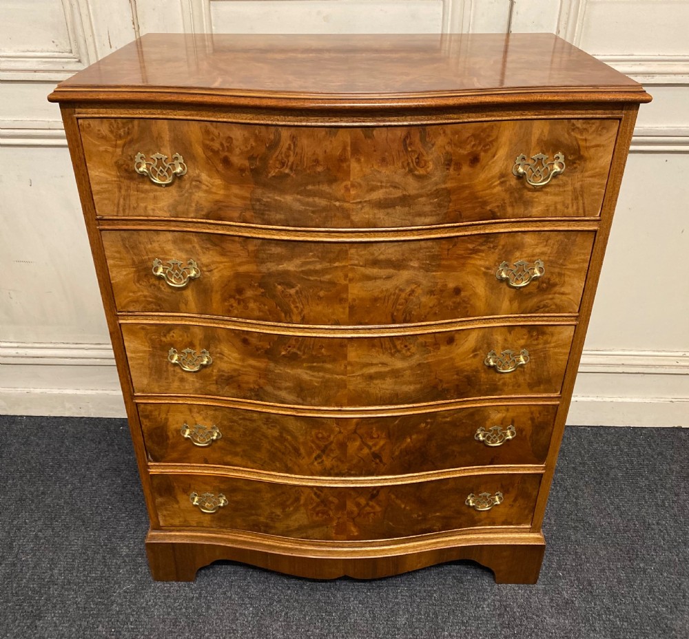 Burr Walnut Bow Front Chest of Drawers View IV