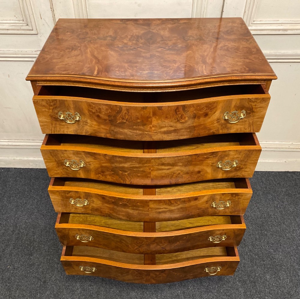 Burr Walnut Bow Front Chest of Drawers View IX