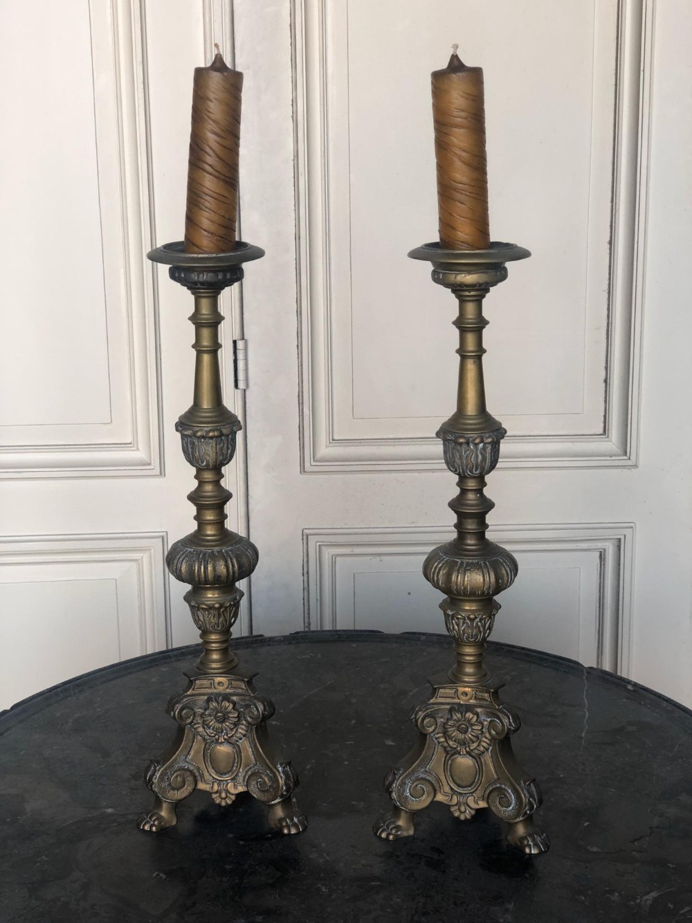Pair Antique French Brass Candlesticks