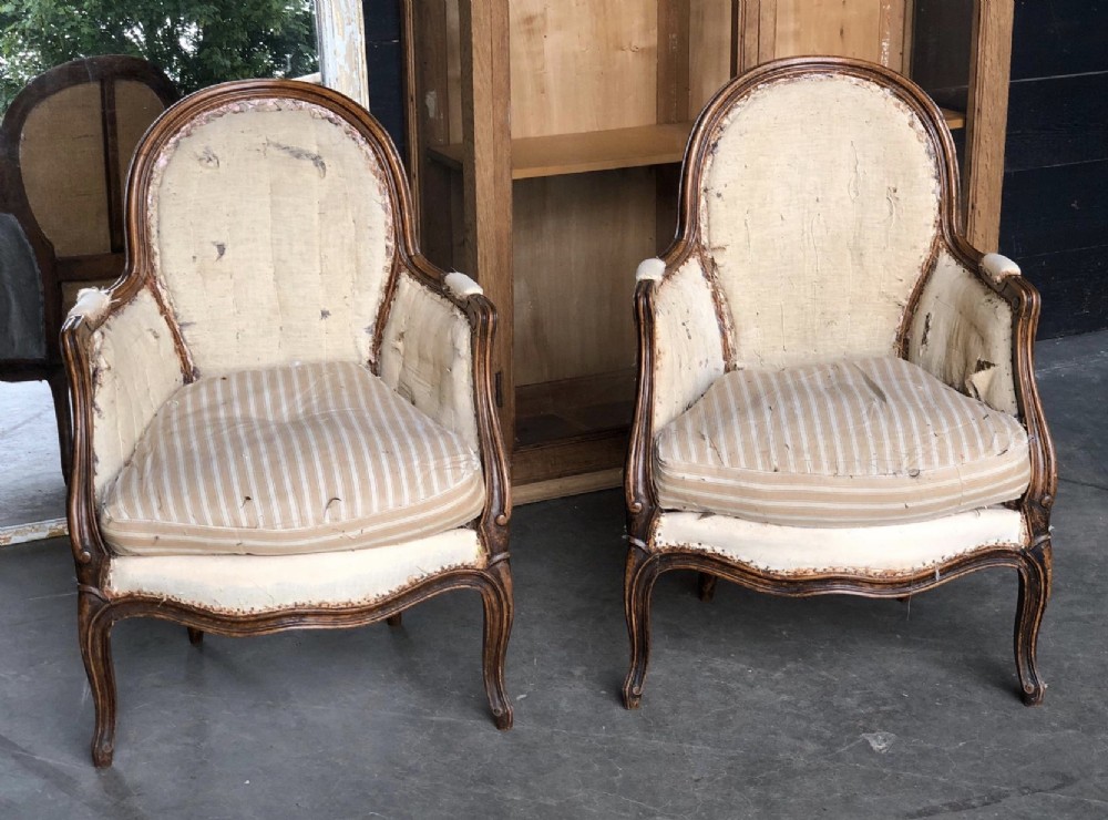 Pair French Louis XV Bergere Arm Chairs