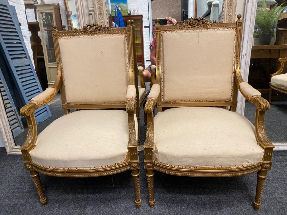 Pair French Gilt Wood Arm Chairs View II