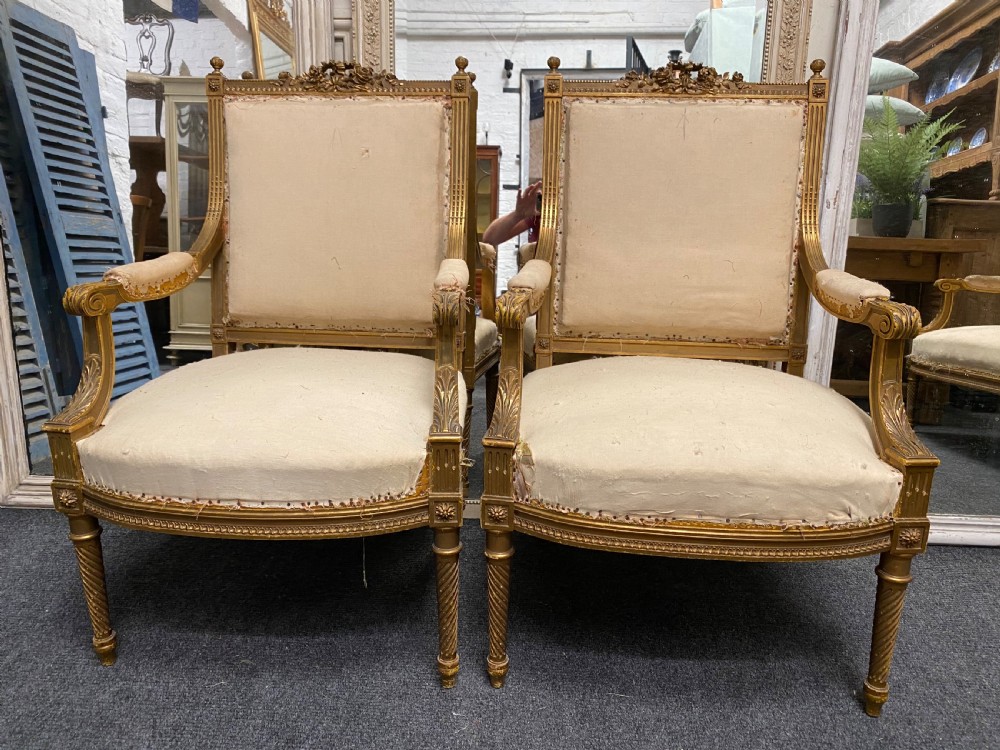 Pair French Gilt Wood Arm Chairs View III