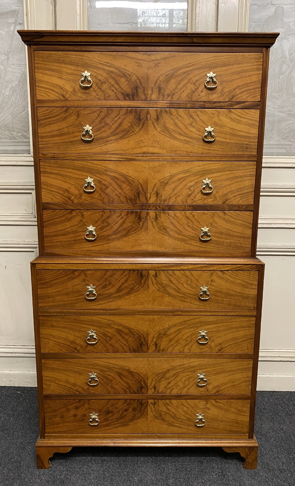 Burr Walnut Chest on Chest of Drawers
