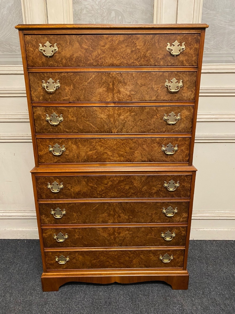Burr Walnut Chest on Chest of Drawers