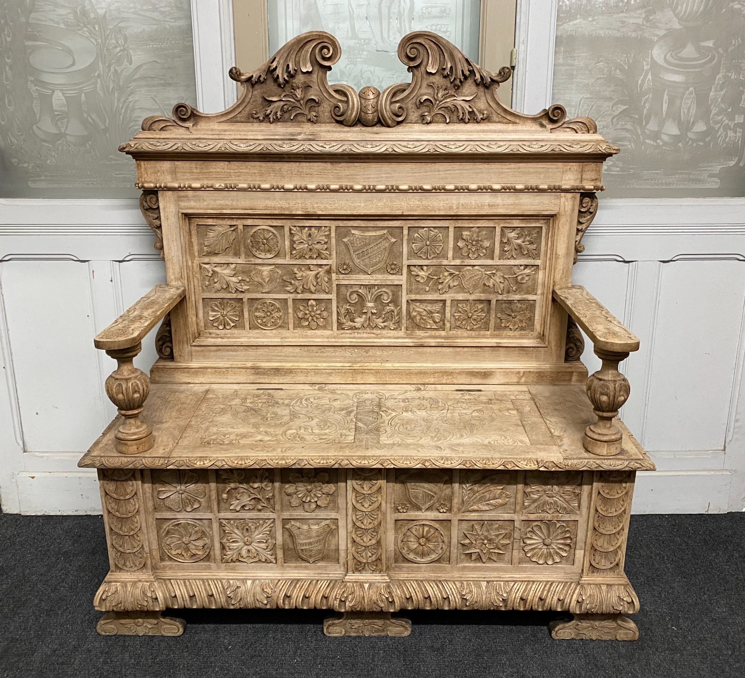 Wonderful French Carved Bleached Hall Bench