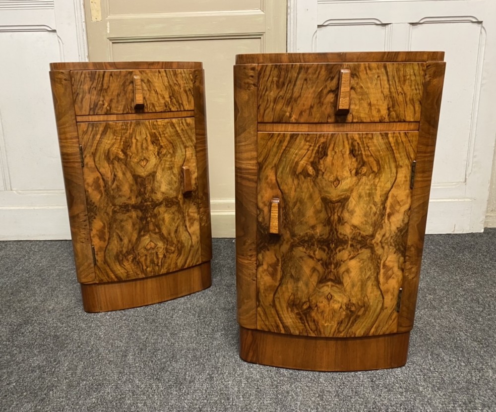 Pair Burr Walnut Art Deco Bedside Cupboards 