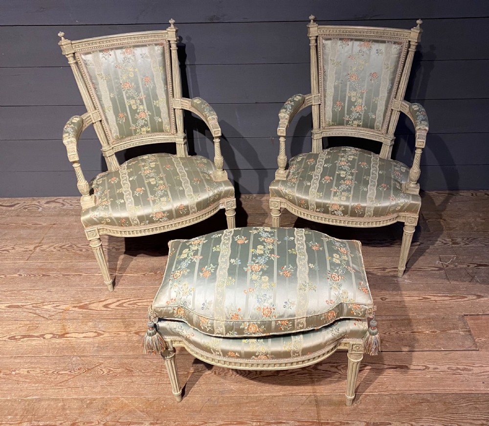 Pair French Arm Chairs with Stool
