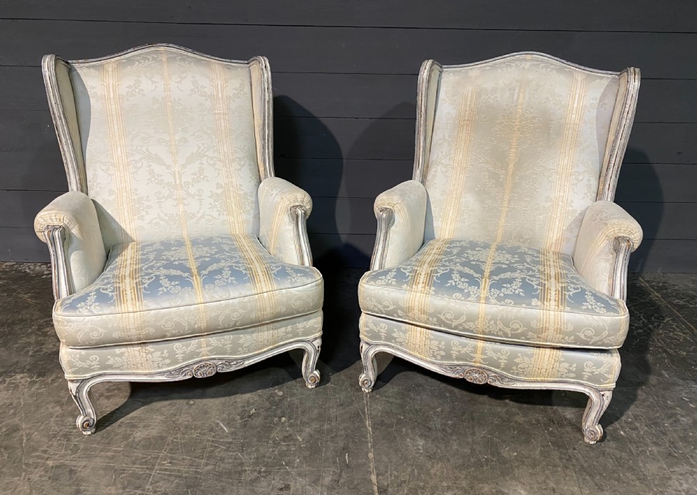 Generous Pair French Wing Arm Chairs
