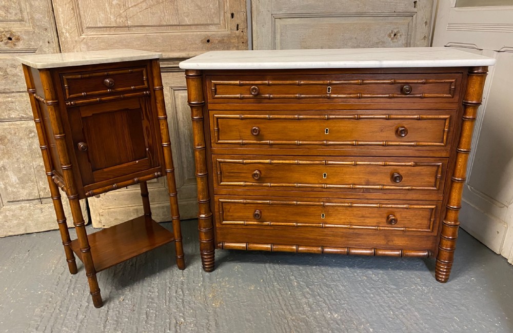 Rare Original French Faux Bamboo Chest & Bedside
