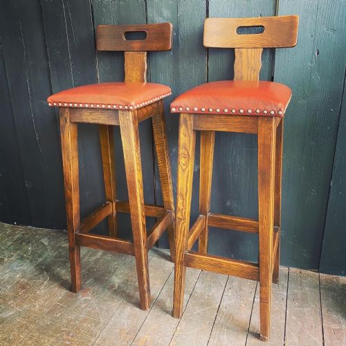 Pair of Oak, Elm & Leather Stools with Stud Detail