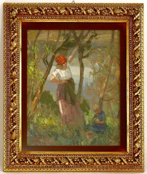 MOTHER AND CHILD IN AN ORCHARD