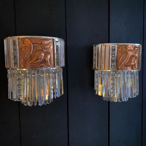 A Pair of Art Deco Crystal, Nickel & Copper Wall Lights by Lobmeyr Vienna