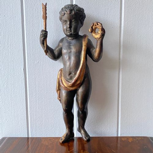 Small C19th Carved Painted and Gilded Putti