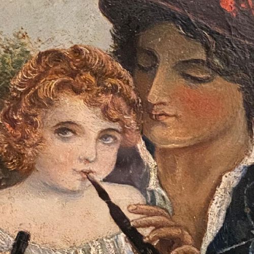 A C19TH CONTINENTAL FRAMED AND GALZED OIL PAINTING OF MAN CHILD - ADDITIONAL PHOTO 1