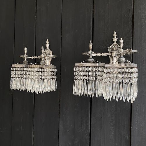 Pair of Silver Nickel and Crystal Wall Lights Circa 1910