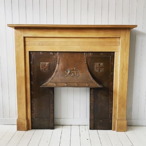 Arts & Crafts Copper Fire Insert with Oak Surround
