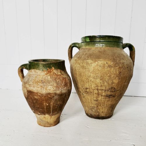 Two Terracotta and Green Glaze Olive Jars