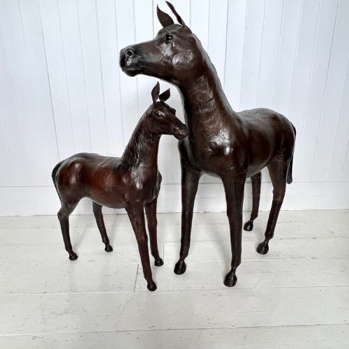 Large Pair of Vintage Leather Horses Attributed to Liberty