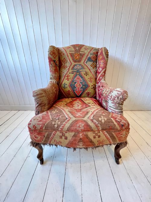 Antique Kilim Wingback Armchair Circa 1900