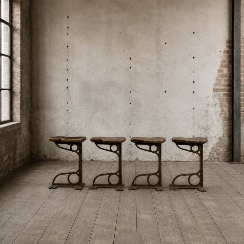 SET OF FOUR INDUSTRIAL MACHINIST STOOLS CAST IRON PITCH PINE CIRCA 1900 - ADDITIONAL PHOTO 1