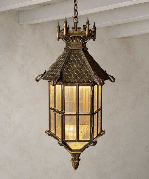 Large Continental Gothic Revival Bronze Hanging Lantern with Castellated Crown