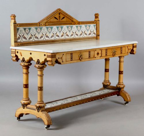 A Rare Victorian Reformed Gothic Washstand Attributed to Charles Bevan with Christopher Dresser Tiles