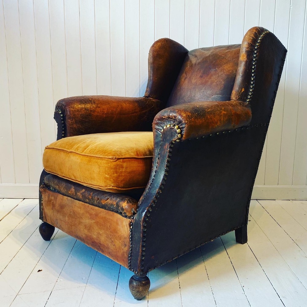 A French Leather Wingback Club Armchair Circa 1920