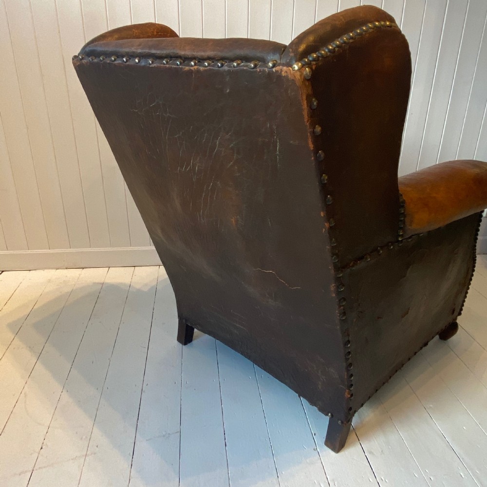 A French Leather Wingback Club Armchair Circa 1920 View II