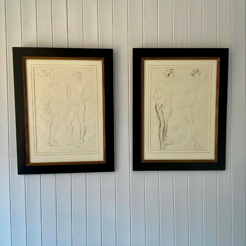 A pair of midcentury framed nude study drawings