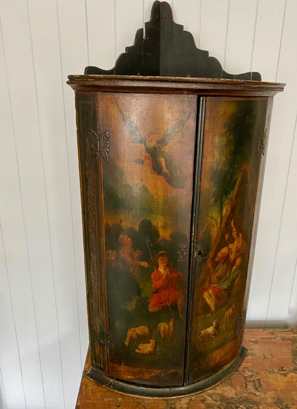 A Georgian Painted Bow Front Corner Cupboard