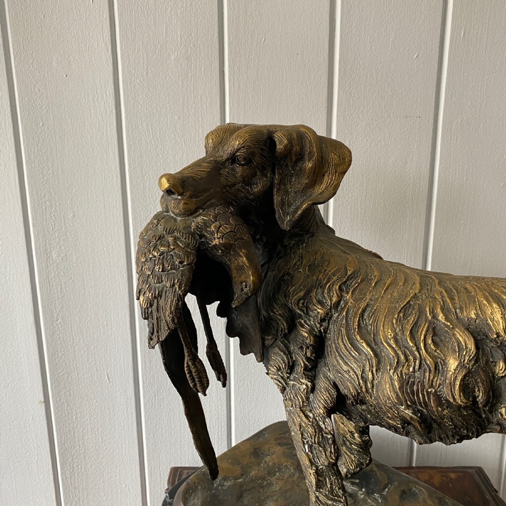 A Bronze Sculpture of a Gun Dog With Pheasant on a Marble Base View IV