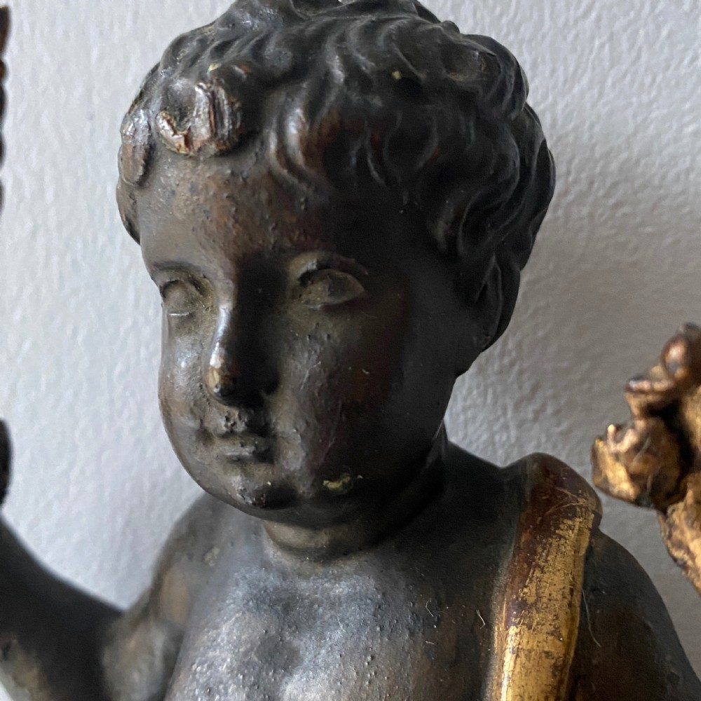 Small C19th Carved Painted and Gilded Putti View IV