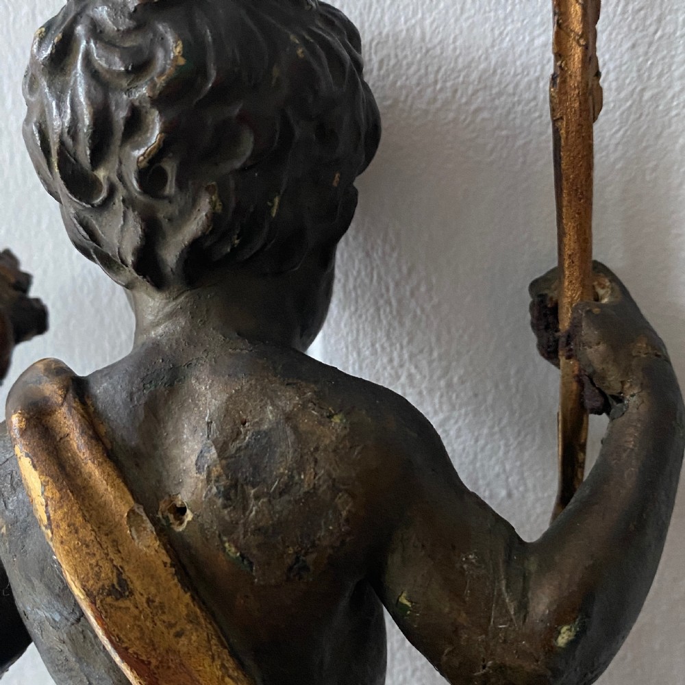 Small C19th Carved Painted and Gilded Putti View VI