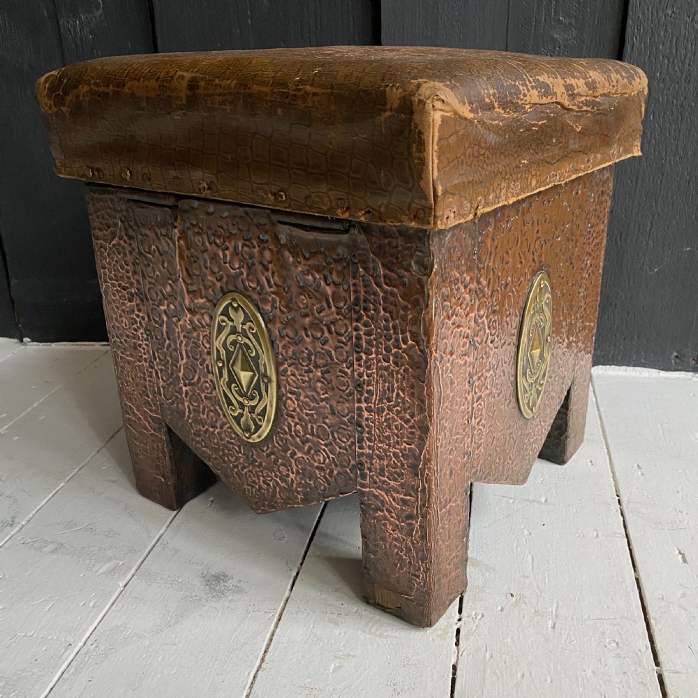 Arts and Crafts Hammered Copper Fireside Storage Stool