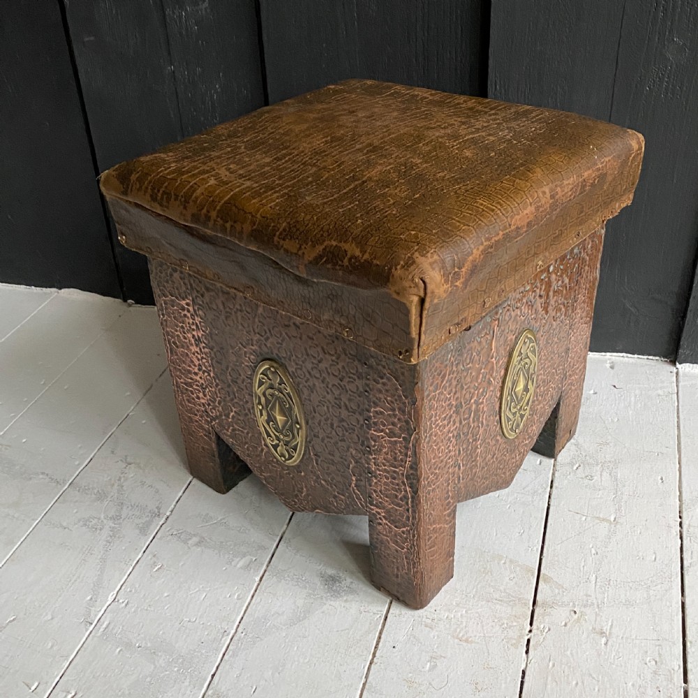 Arts and Crafts Hammered Copper Fireside Storage Stool View II