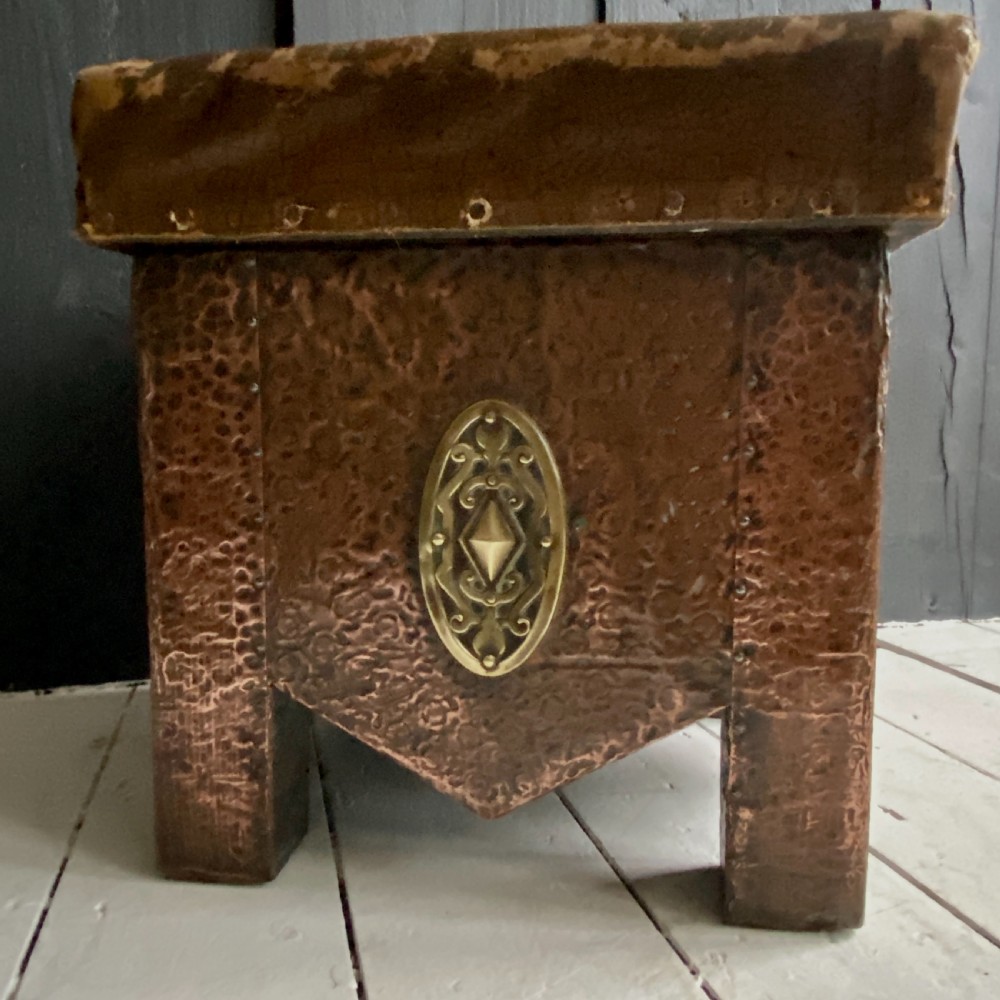 Arts and Crafts Hammered Copper Fireside Storage Stool View III