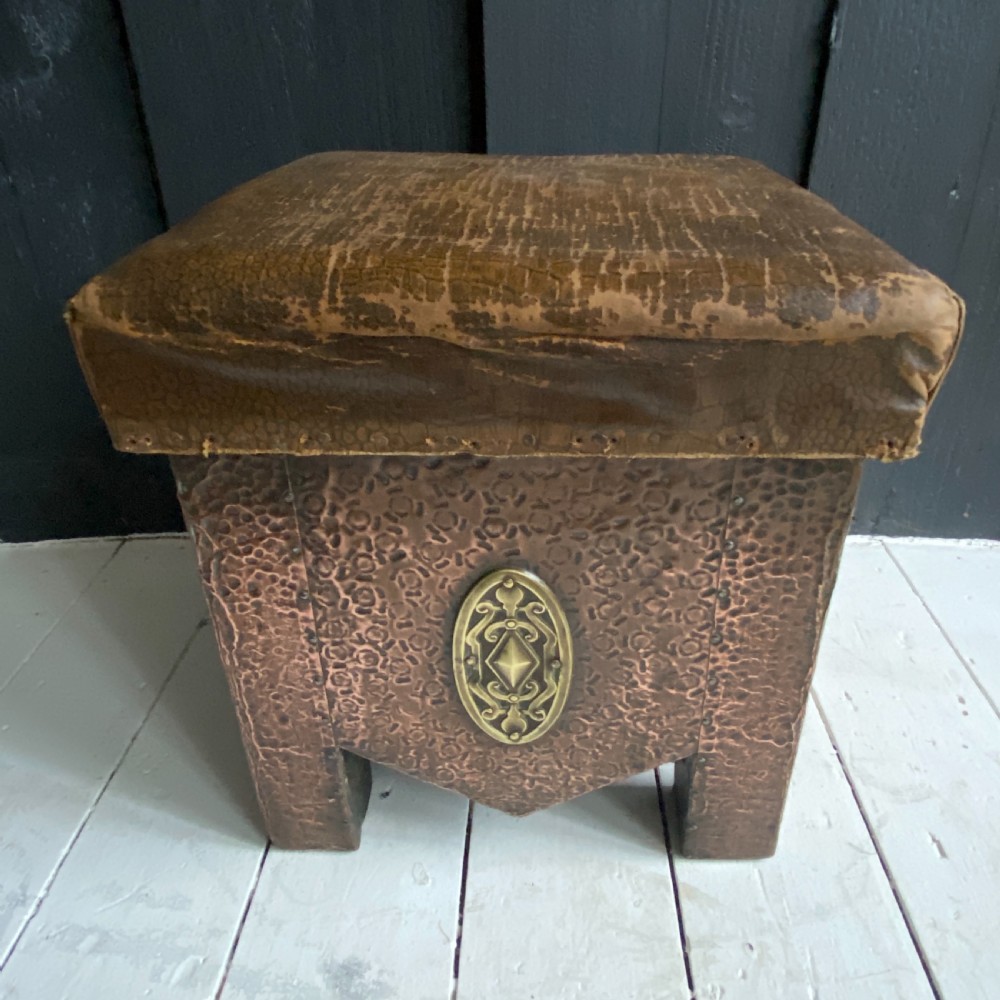 Arts and Crafts Hammered Copper Fireside Storage Stool View IV