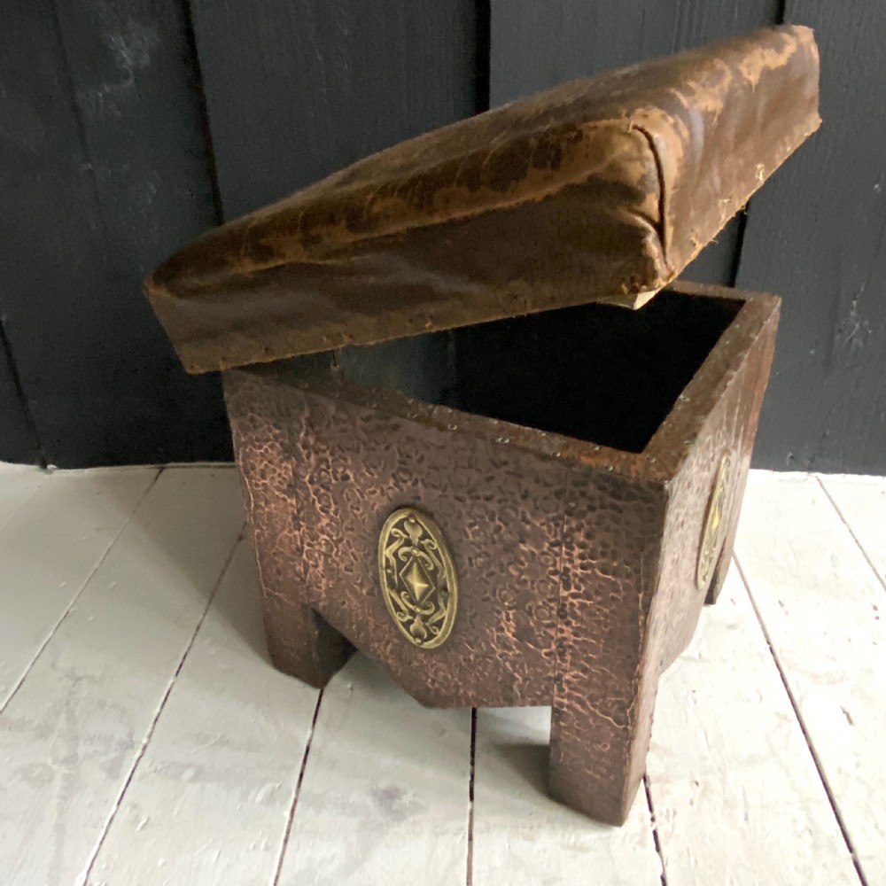 Arts and Crafts Hammered Copper Fireside Storage Stool View V
