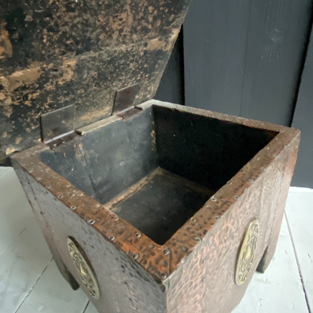 Arts and Crafts Hammered Copper Fireside Storage Stool View VII
