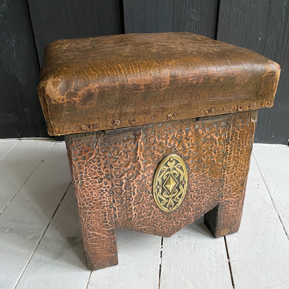 Arts and Crafts Hammered Copper Fireside Storage Stool View IX