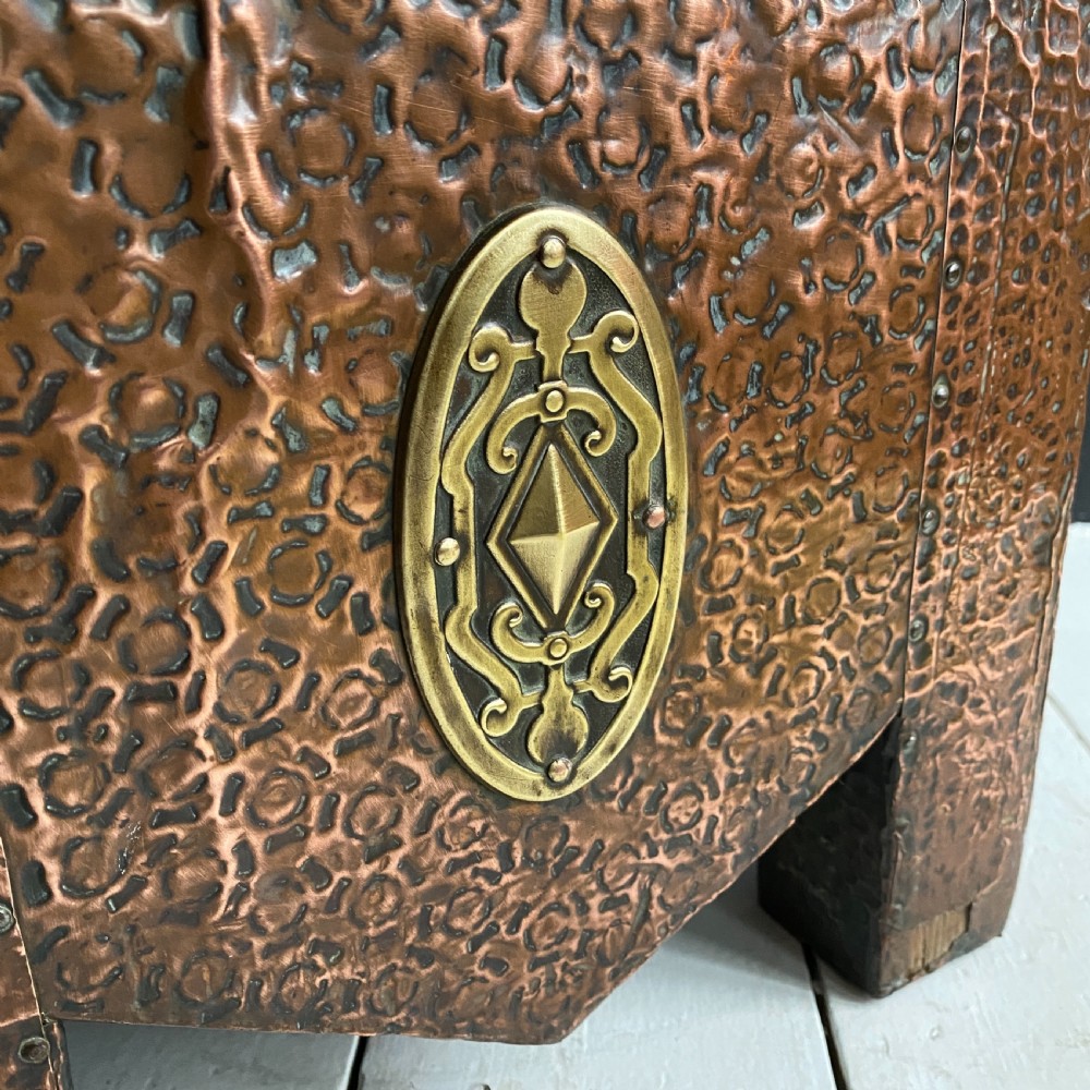 Arts and Crafts Hammered Copper Fireside Storage Stool View X