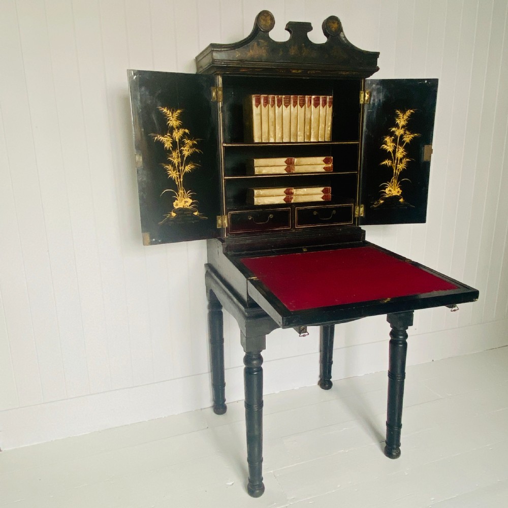  C19th Chinoiserie Lacquered Secretaire Bookcase 