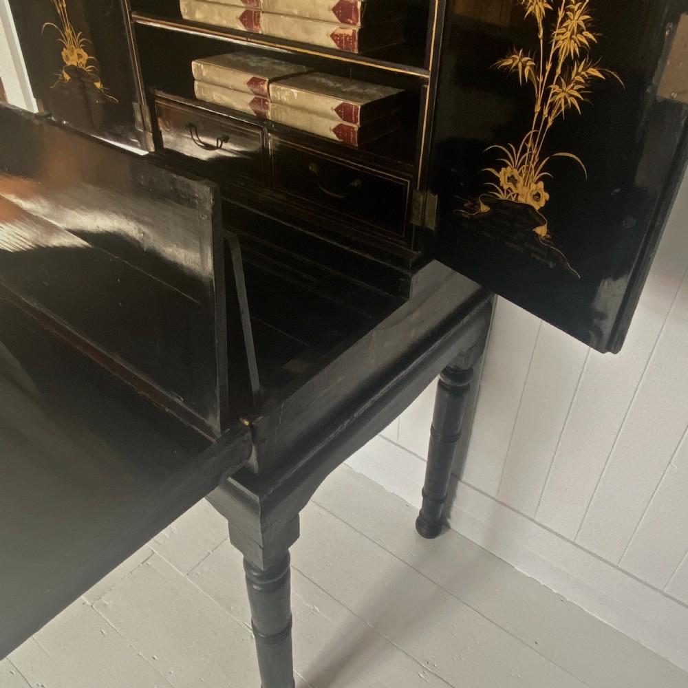  C19th Chinoiserie Lacquered Secretaire Bookcase  View II