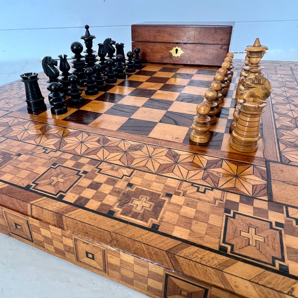 Antique Chess Set with Parquetry Chess Board