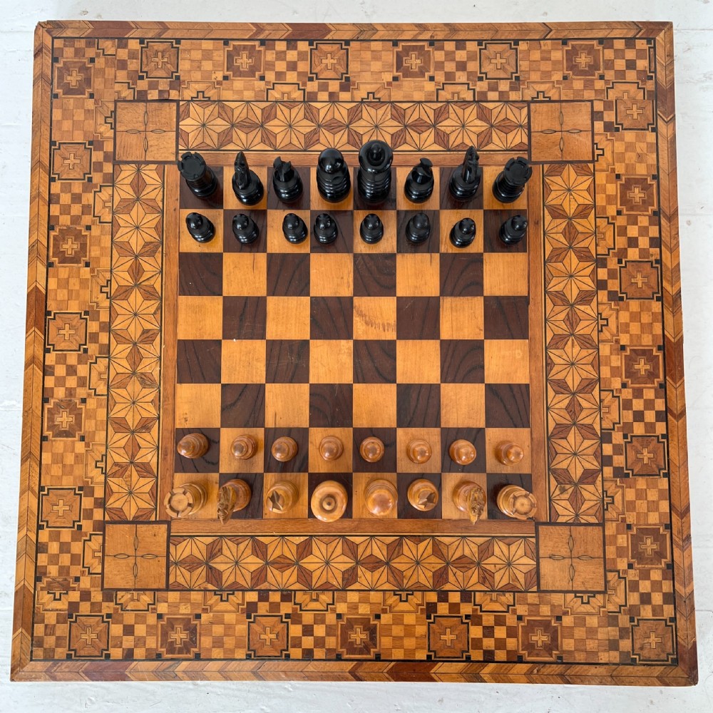 Antique Chess Set with Parquetry Chess Board View II